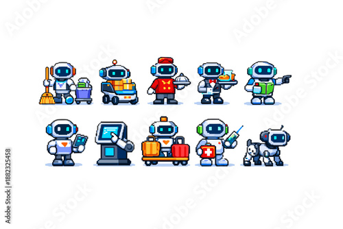 Robot service flat icon set. Robotics, automation, ai assistance icon collection.