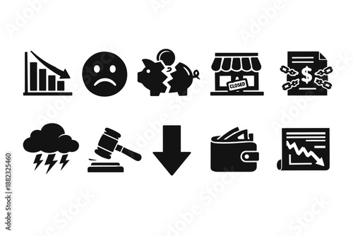 Economy recession silhouette icon set. Financial crisis, downturn, budget icons silhouette.