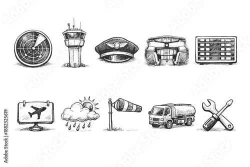 Aviation, airport hand-drawn icon set. Air travel icons sketch collection.