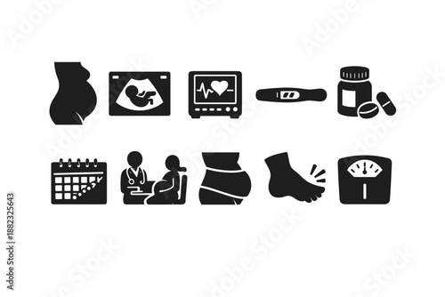Pregnancy and maternity silhouette icon set. Prenatal, health, baby care icons collection.
