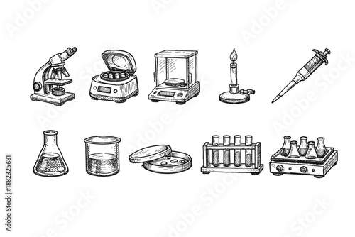 Science lab equipment icon set. Hand-drawn outline icons for chemistry and biology