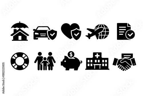 Insurance and healthcare solid icon set. Protection, family, finance symbols collection