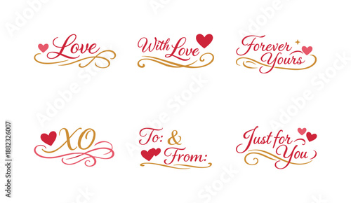 Love messages flat icon set. featuring love, with love, forever yours, xo, to from, just for you symbols