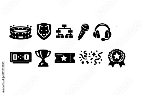 Sports, entertainment solid icon set. Venue, trophy, microphone icons solid collection