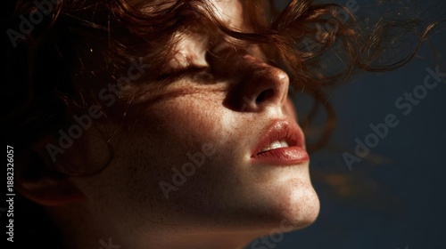 Close-up portrait of a woman's face. the woman appears to be in her late twenties or early thirties, with short, curly hair that is blowing in the wind.