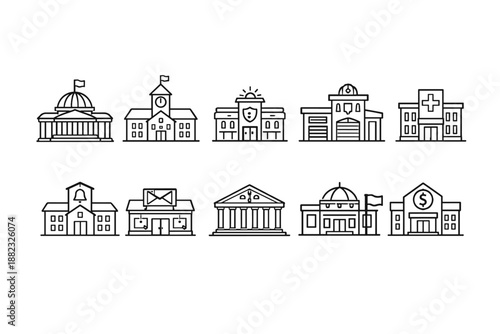 Government and public buildings line icon set. Architecture and infrastructure icons.