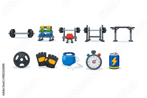Fitness and gym 3d icon set. Dumbbells, weights, gloves, and equipment