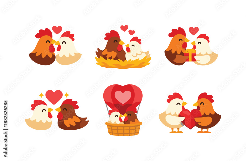 Naklejka premium Valentine chickens flat icon set. featuring love, nest, gift, hot air balloon, and heart symbols