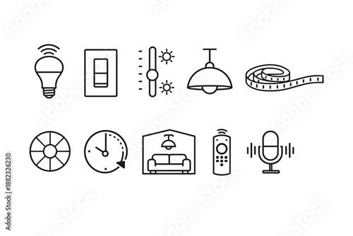 Smart home automation linear icon set. Lights, controls, smart devices outline collection