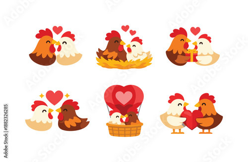Valentine chickens flat icon set. featuring love, nest, gift, hot air balloon, and heart symbols
