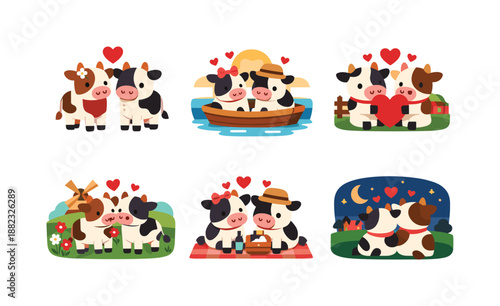 Cow love flat icon set. featuring couples, picnic, boating, sunset, hearts, gift, and flowers scenes