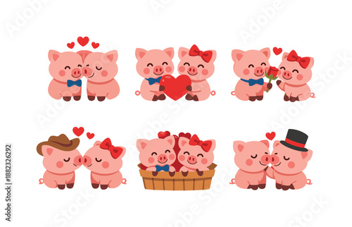 Love pigs flat icon set. featuring couple, heart, romance, roses, and wedding symbols