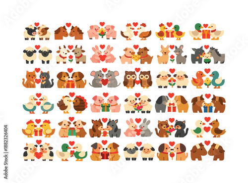 Animal couple flat icon set. featuring pigs, ducks, dogs, owls, sheep, and cats in romantic settings