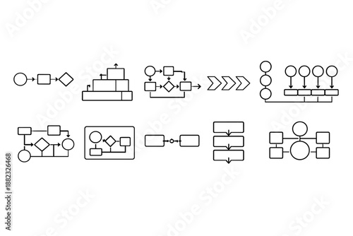 Flowchart line icon set. Diagram, process management outline icons collection