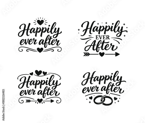 Wedding celebration silhouette icon set. featuring happily ever after, hearts, arrows, rings symbols