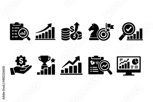 Business, finance solid icon set. Business growth, strategy icons solid collection