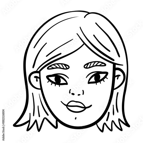 doodle style woman's face is drawn in black and white. drawing is of young woman with short hair and smile