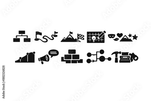 Project management, strategy solid icon set. Planning tools, workflow icons solid collection