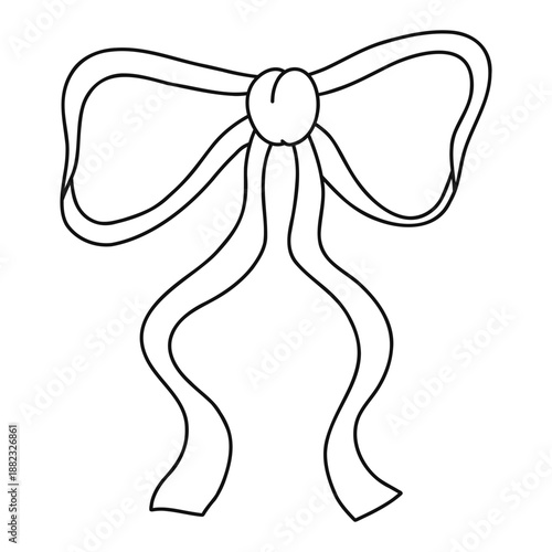Minimal ribbon bow illustrated with thin lines in doodle style, isolated on white. Soft and playful decorative element representing presents, joy and festive mood