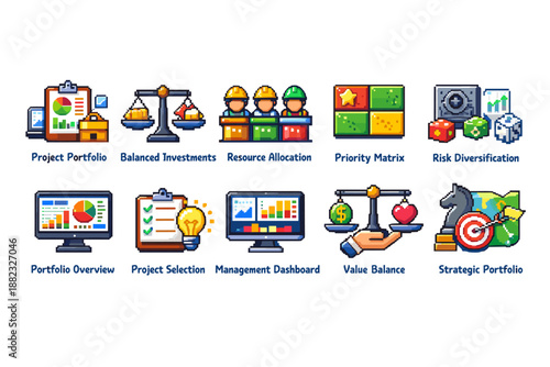 Project management flat icon set: portfolio, resources, and strategy icons collection