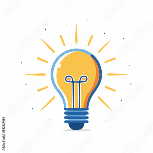 An illuminated lightbulb with glowing filament and radiating lines representing creativity and bright ideas in a simple graphic illustration