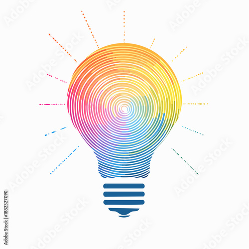 A colorful lightbulb with swirling patterns and radiant light emanating from it, symbolizing creativity and innovation, depicted in a stylized illustration.