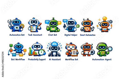 Ai robots icon set. Productivity, automation assistants in pixel art style