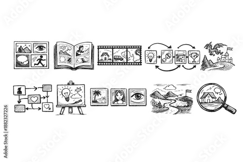 Storytelling line icon set. Narrative, storyboard, comic, book, process, creativity styles
