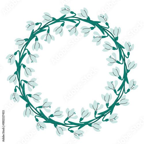 Snowdrop wreath isolated on a white background. Botanical frame round shape with copy space. Border with blooming spring flowers. Print on fabric and paper. Flat style vector design for banner, poster