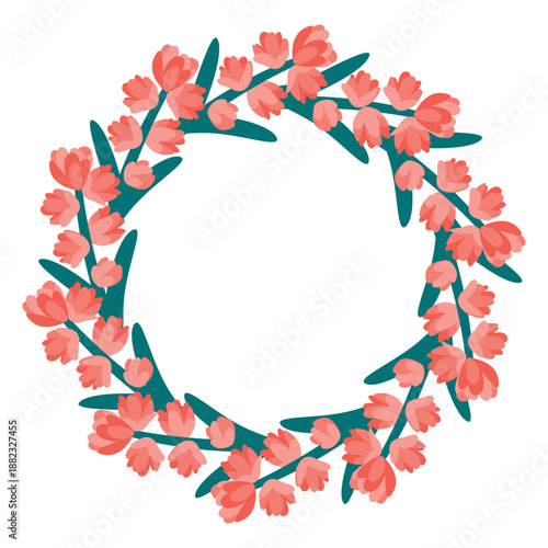 Blooming hyacinth wreath isolated on a white background. Round shape frame with botanical elements. Spring flowers border with copy space for text. Vector cartoon design for card, poster, banner.