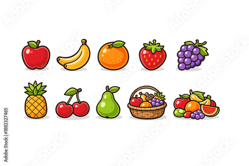 Fruit, food flat icon set. Fresh fruits collection in flat style for healthy living