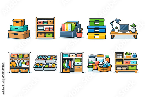 Home organization flat icon set. Declutter, storage, office, and closet solutions.