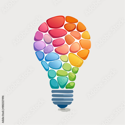 A colorful lightbulb made up of rounded stones, symbolizing creativity and ideas in a graphic illustration.