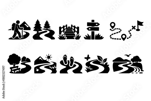 Hiking and outdoor silhouette icon set. Adventure, nature exploration icons collection