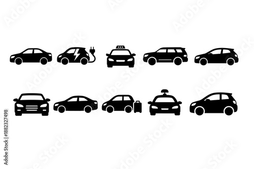 Transportation silhouette icon set. Car, taxi, vehicle silhouettes collection