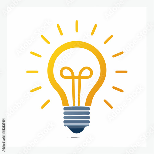 An illustrated lightbulb with glowing filament and radiant light beams in a minimalist graphic representation
