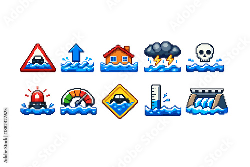 Flood safety pixel icon set. Emergency, weather alerts icons in pixel art style