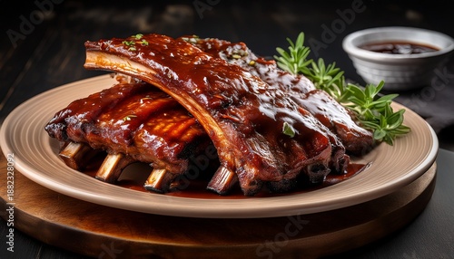 Perfectly Grilled Smoked Ribs Glistening Bbq Sauce Plate Pork Ribs
