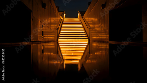 A glowing staircase reflected infinitely in calm water