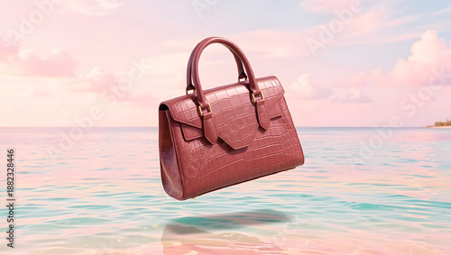 A luxury handbag floating above pastel sea