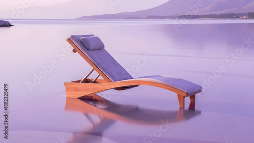 A modern lounge chair drifting on mirror smooth lavender water
