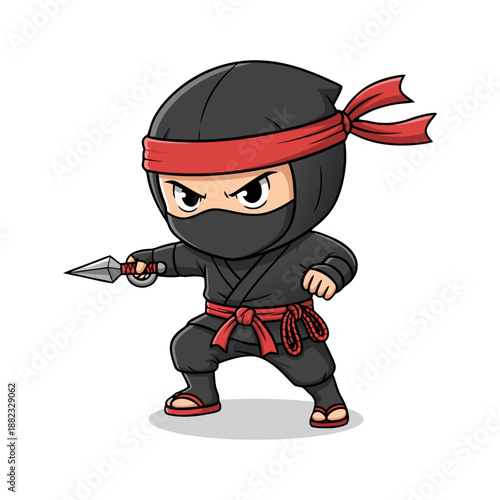 Cartoon Style Cute Ninja Character with Kunai Weapon Illustration Design