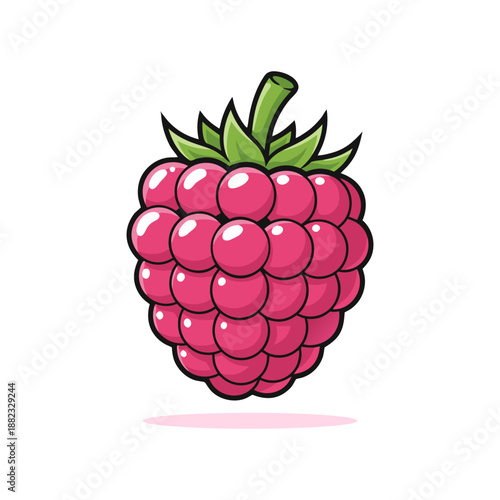 Cartoon Style Detailed Raspberry Fruit Illustration with Green Leaves Isolated