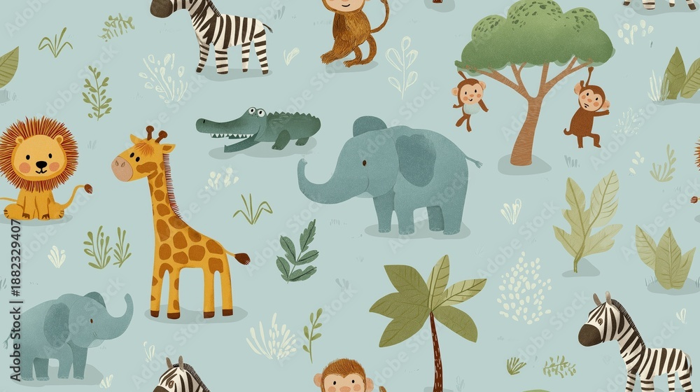 Fototapeta premium Cute cartoon jungle animals seamless pattern. Safari animals pattern with giraffes, elephants, and lions on a light blue background