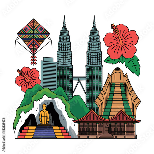 A collage of Malaysian landmarks and cultural symbols.