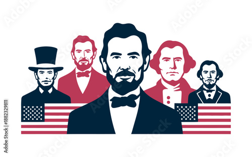 Five historical American presidents are depicted with American flags.