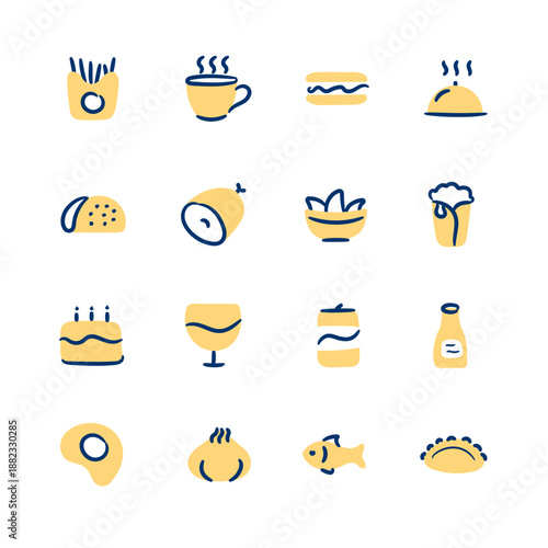 Food hand drawn icons set. Doodle culinary vector icons.