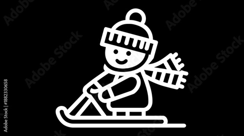 Vector outline icon of a happy figure sledding in winter, wearing a hat and scarf, representing seasonal fun and sports.