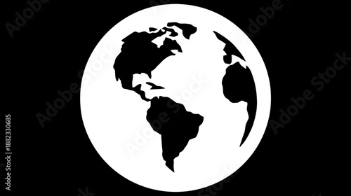 White Earth globe icon silhouette on black background, global network, international business, and communication concept graphic.