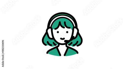 Female Customer Service Agent Icon with Headset. Online Support, Call Center Representative, and Telemarketing Avatar Illustration.